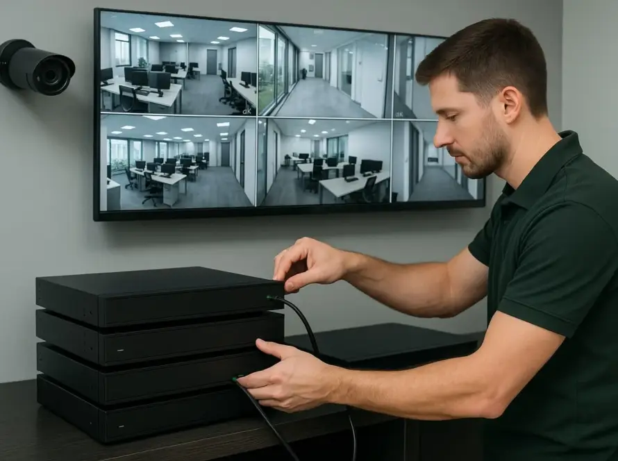 Technicien Eco2tec connectant des enregistreurs vidéo pour un système de vidéosurveillance affiché sur plusieurs écrans