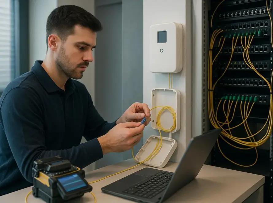 Technicien réseau Eco2tec installant et raccordant la fibre optique dans une baie de brassage informatique