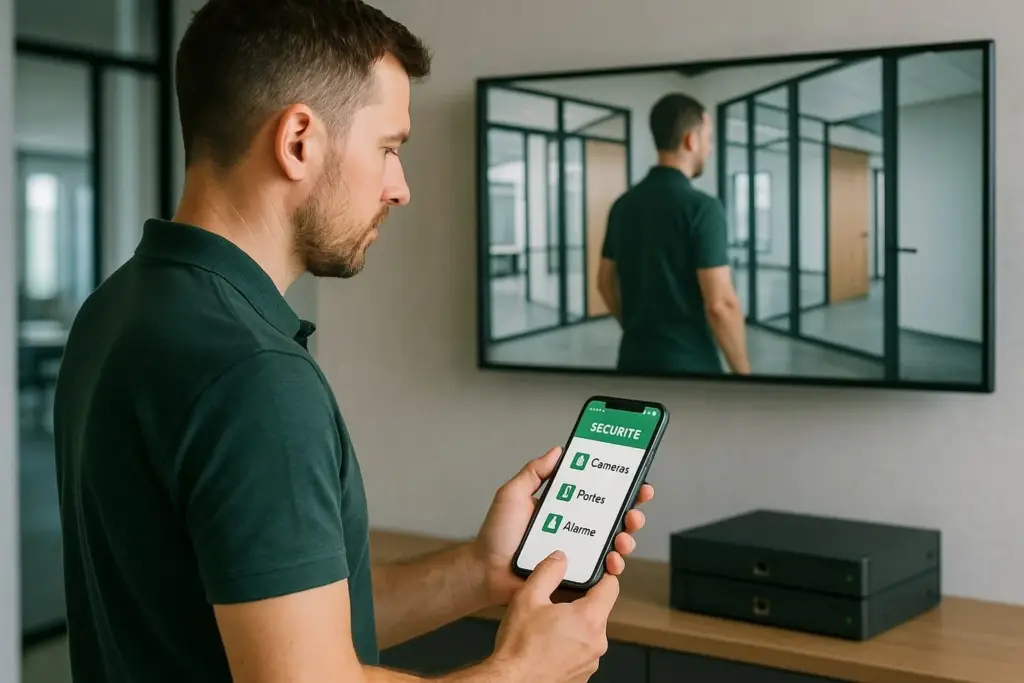 Homme utilisant une application mobile pour gérer la sécurité d’un bâtiment avec caméras, portes et alarme