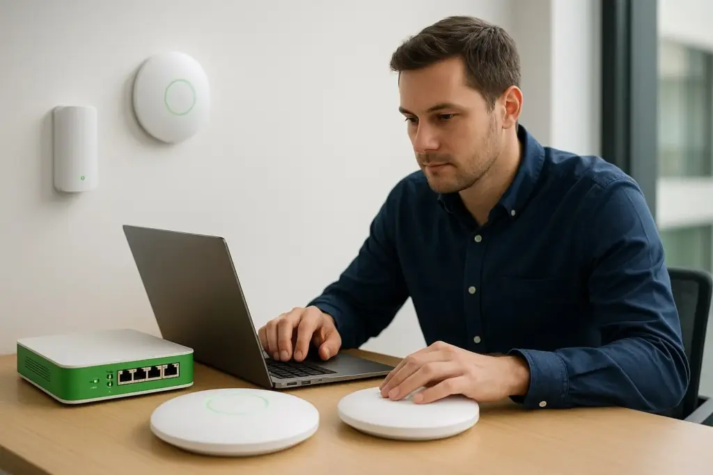 Technicien Eco2tec configurant des points d’accès Wi-Fi pour un réseau sans fil en entreprise