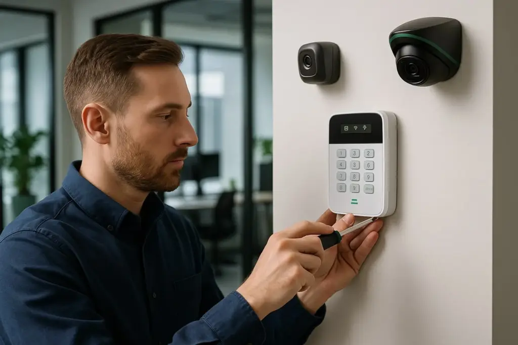 Technicien Eco²tec installant un système de contrôle d'accès électronique dans un local commercial sécurisé