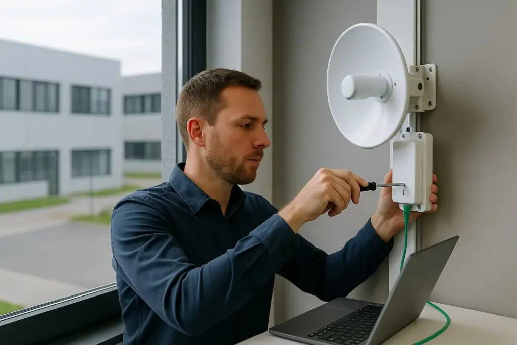 Technicien Eco2tec configurant une antenne radio point à point pour connecter plusieurs bâtiments professionnels