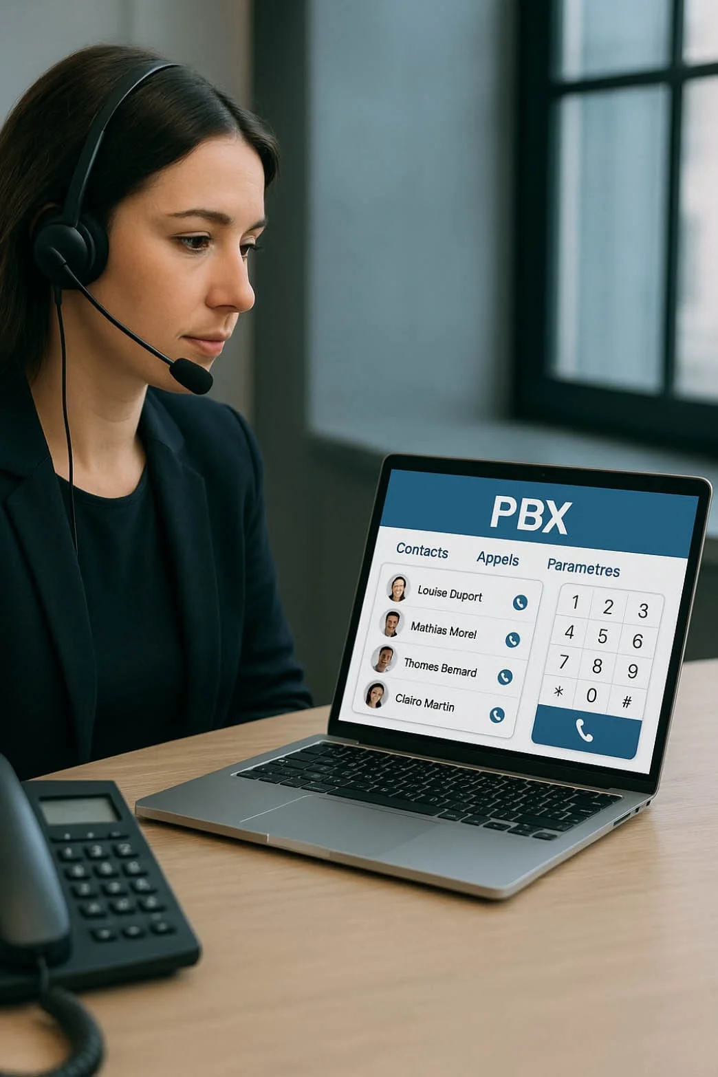 Accueil Eco2Tec 13 Femme professionnelle utilisant un logiciel PBX sur ordinateur portable avec casque micro dans un bureau