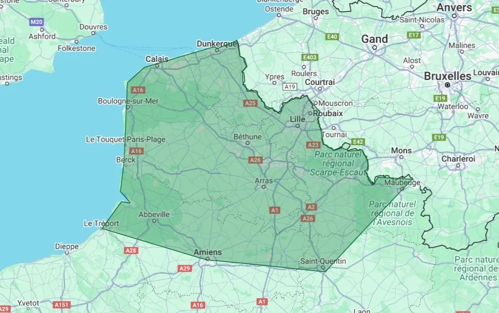 Carte de la zone de couverture d’Eco2tec incluant les Hauts-de-France (Lille, Calais, Amiens, Dunkerque, Boulogne-sur-Mer)