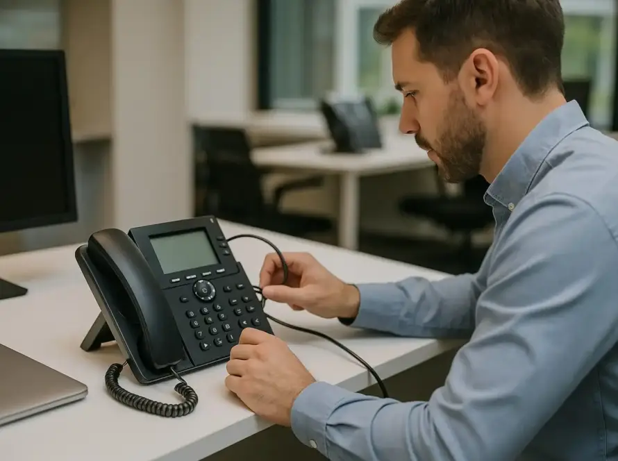 Technicien Eco2tec réalisant une installation propre et organisée d’un téléphone IP sur un bureau en entreprise