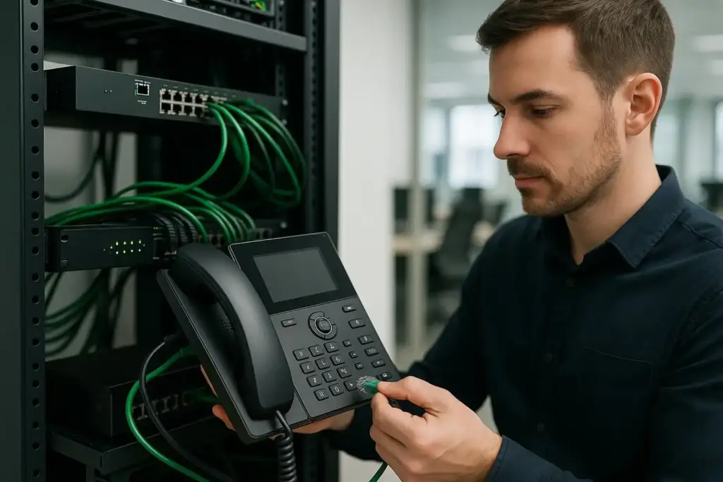 Technicien Eco2tec testant un téléphone IP directement raccordé à une baie réseau avant son installation définitive sur un poste de travail
